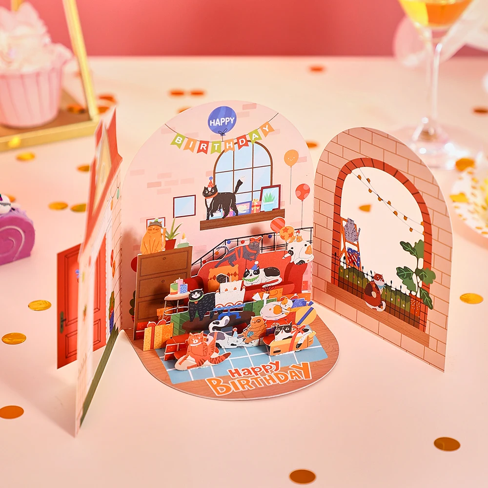 3D Cats Birthday Pop Up Card 4 | Birthday Day Greetings Card Funny Cat Double Door Pop Up 3D Card Creative Party Postcard Birthday Gifts For Couples Parents Chil 3