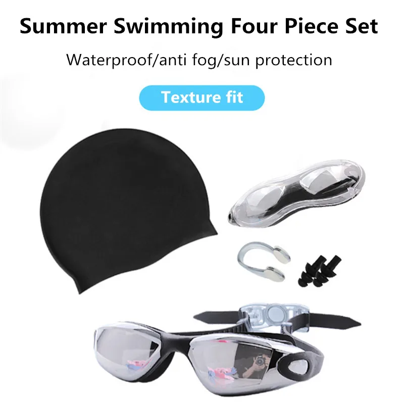 4 adult swimming high-definition anti fog electroplated swimming goggles, waterproof silicone nose clip earplugs, caps