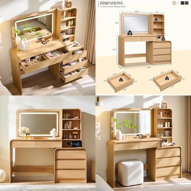 50 Natural Lighted Makeup Vanity Desk with Mirror and Charging Station for Women & Girls Bedroom