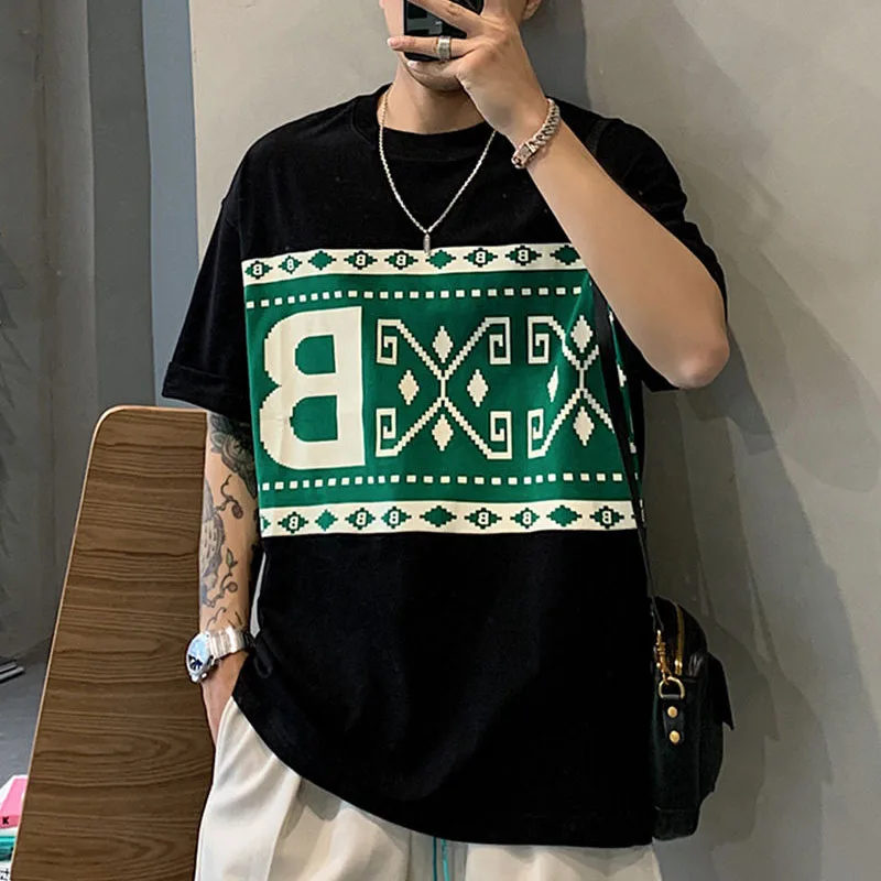 

2023 Men's Clothing Loose Oversized Short Sleeve Round Neck Fashion Printed Trend Hong Kong Breeze Contrasting Colors T-shirt