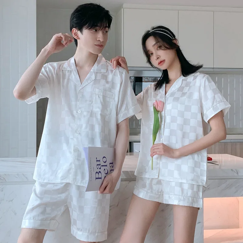Quality Satin Checkered Pajamas Suit Women Spring Autumn Couple Sleepwear Summer Men Ice Silk Short Sleeve Home Wear Female Male