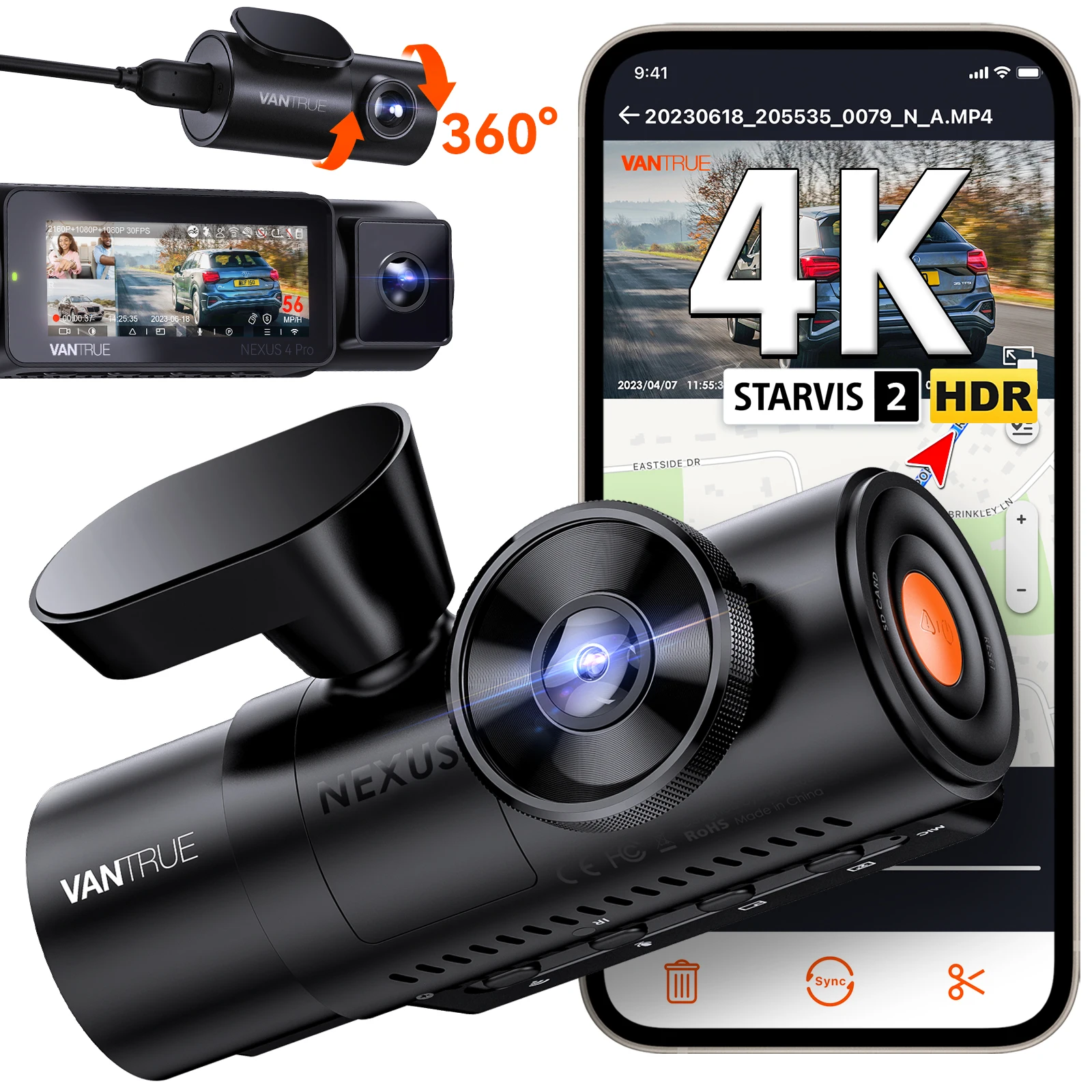 Dash Cam Vantrue N4 Pro 3 Channel 4K HDR WiFi Car Camera STARVIS 2 Night Vision Voice Control 24h Parking Mode