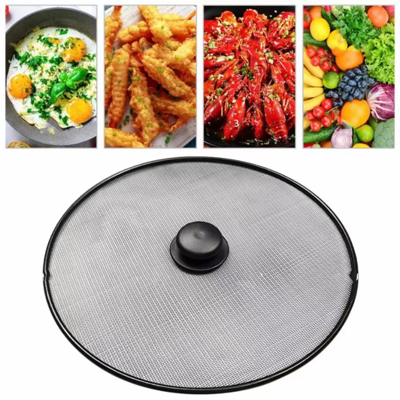 Frying Pan Splatter Screen 29/33CM Splatter Screen Anti Grease Frying Pan Oil Splash Guard Fine Mesh Splash Guard Cover Lid Gadget Kitchen Tool Handle