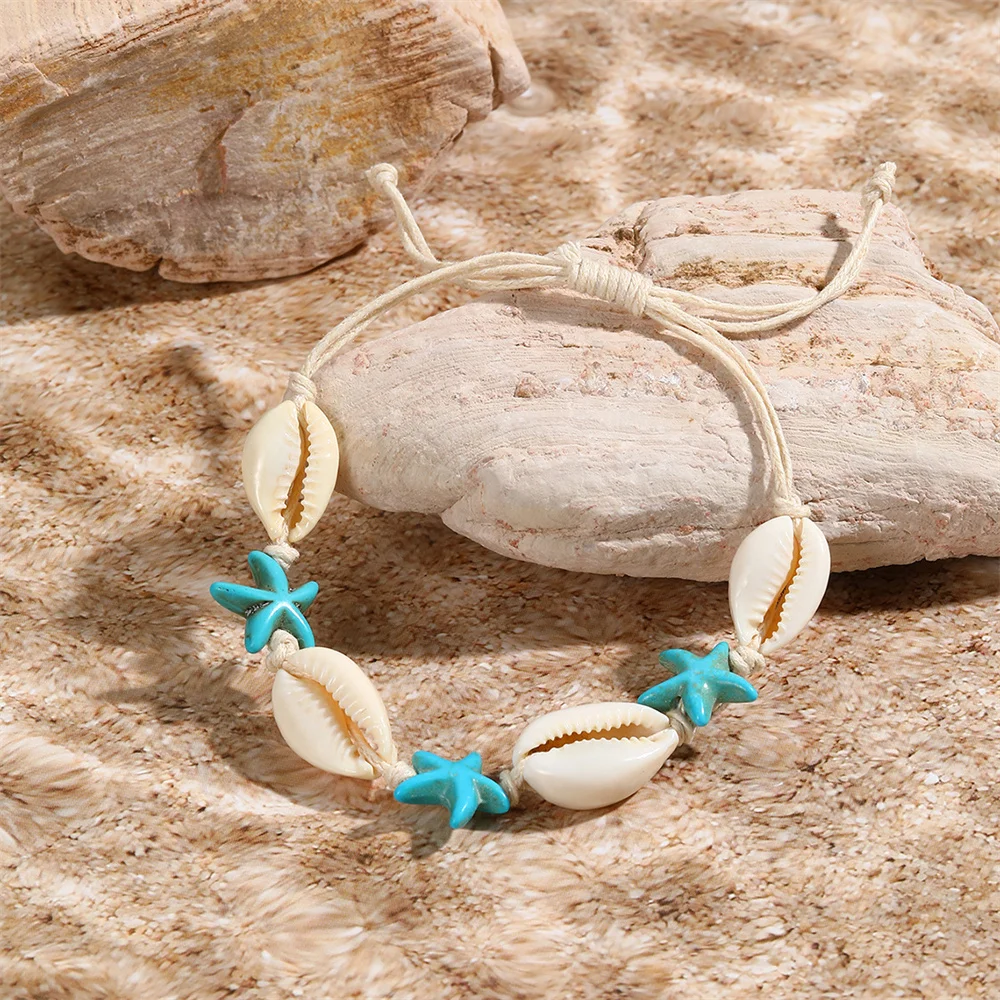 Cute Turtle Starfish Shell Hand Knitting Bracelets For Women Multicolor Sea Star Round Beads Bracelet Jewelry Summer Accessories