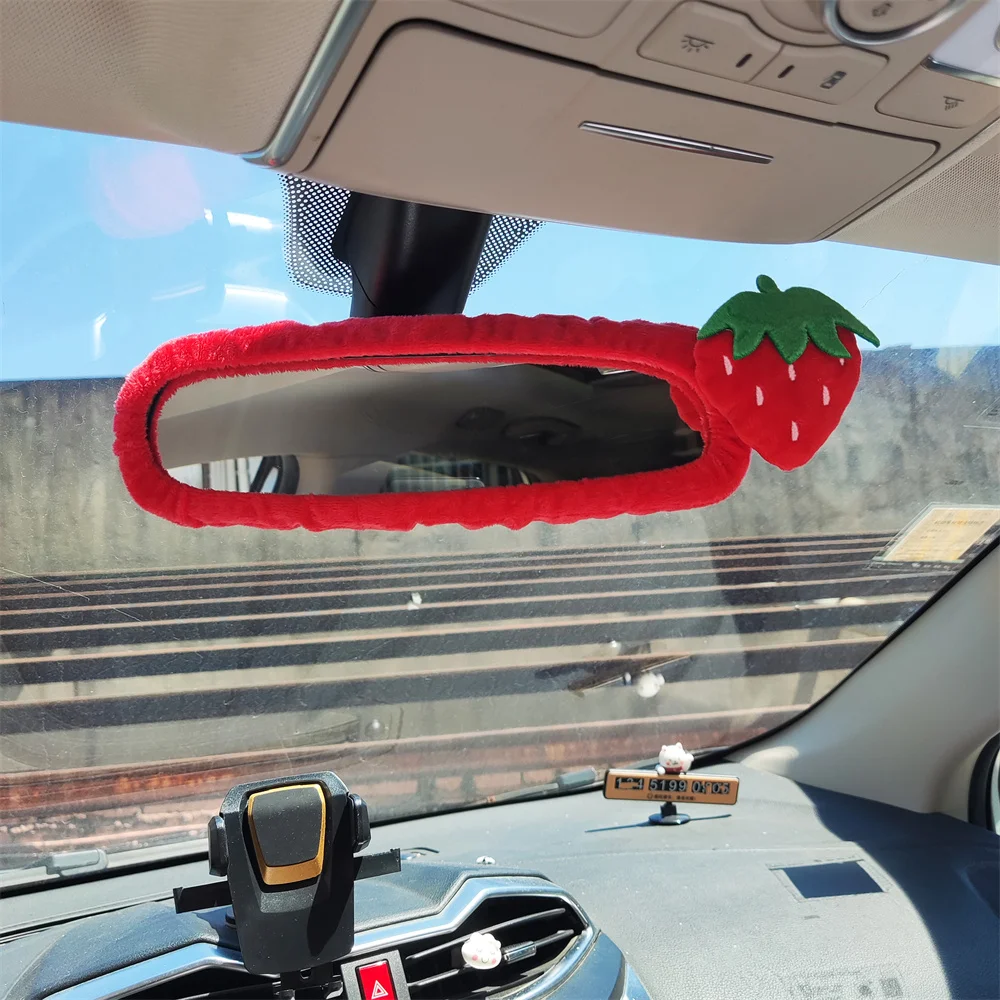 Cartoon Fruit Strawberry Car Interior Rearview Mirror Cover Plush Auto Rear View Mirror Cover Decoration for Women