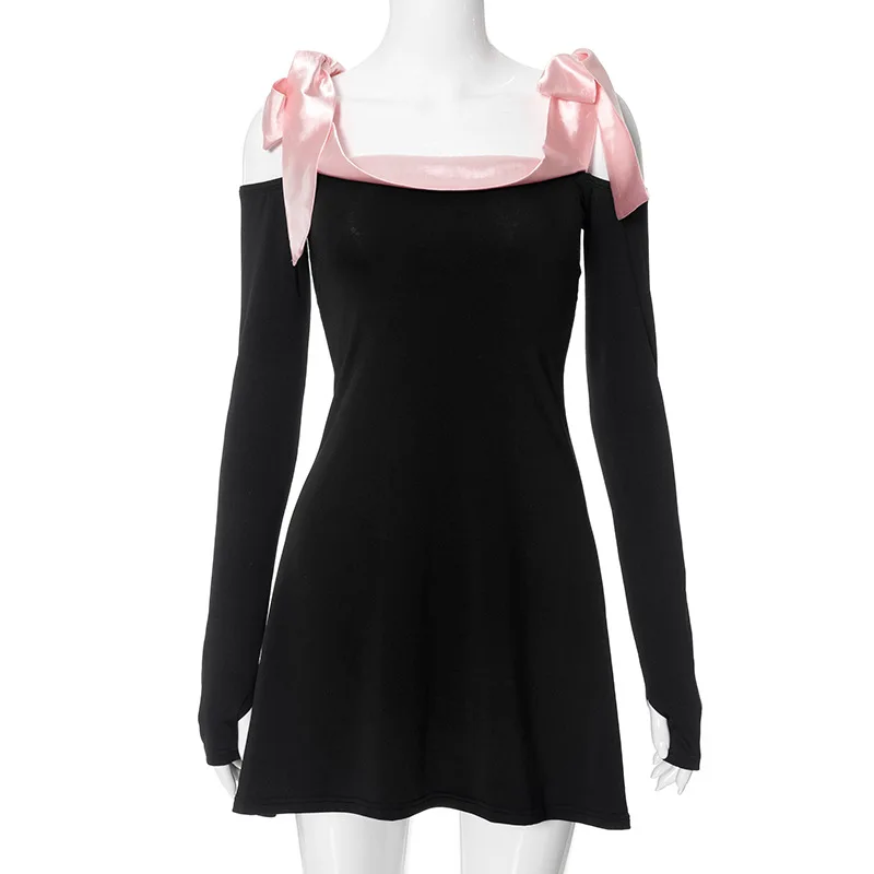 JULISSA MO 2025 Autumn Fashion Strapless Long Sleeve Bow Mini Dress For Women Sexy Slim A-line Outfits Solid Patchowrk Dress New