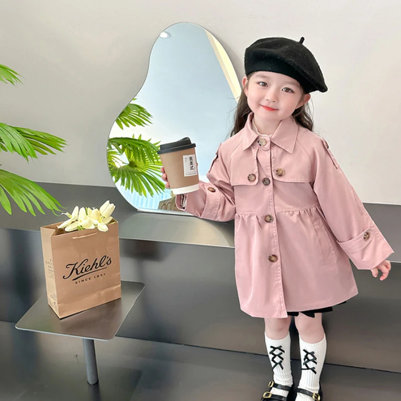 

2023 Toddler Girl Fall Clothes Trench Coat For Girls Kids Jacket Fashion Solid Button Outerwear England Style Windbreaker 2-7Y