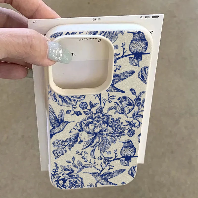 Elegant Blue Retro Floral Bird Pattern Phone Case - Soft Protective Cover