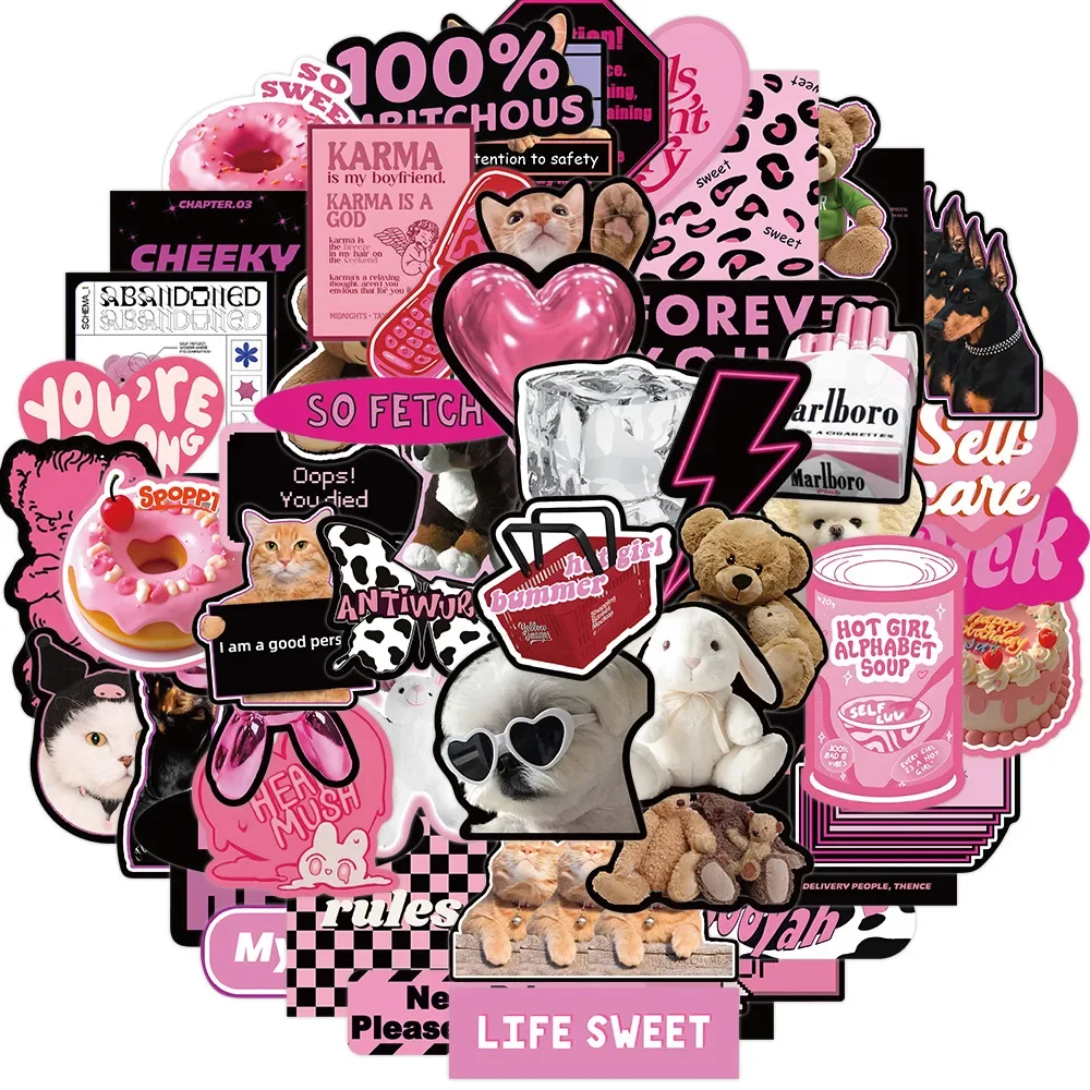 53pcs Cute Animal Pink Egirl Charm Y2K Stickers Aesthetic for Scrapbooking Diary Phone Luggage Waterproof Sticker Decals 1pc pink chain lace bow sticker idol card album scrapbooking diary decor scrapbooking lable stationery kawaii sticker