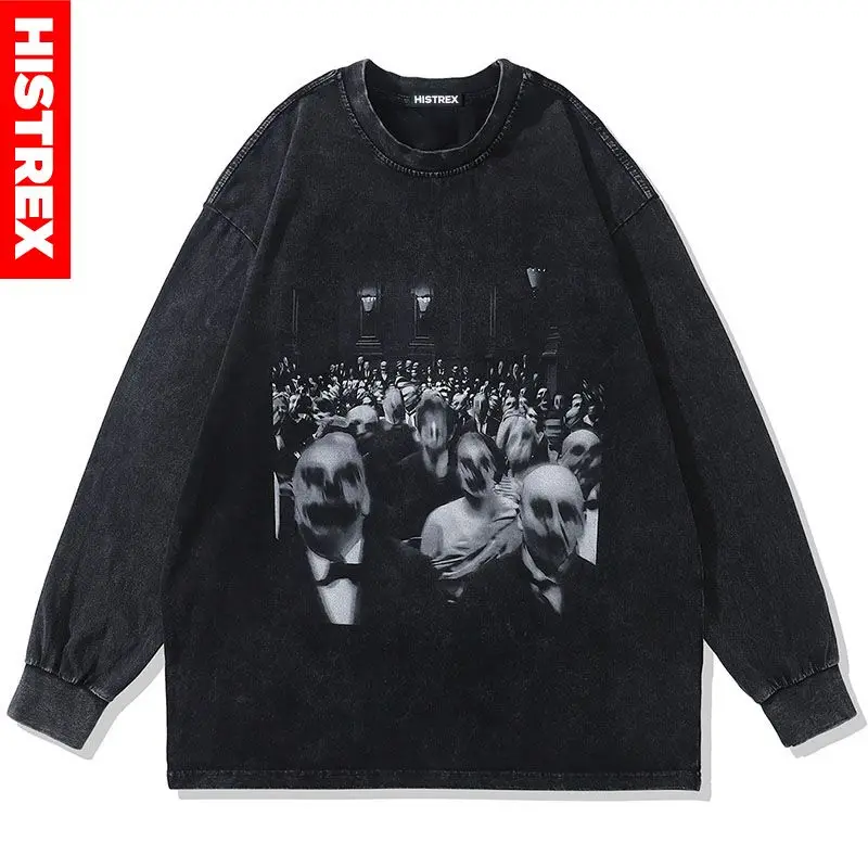 

2023 HISTREX Goth Skull Sweatshirt Men,Harajuku Vintage Streetwear Pullover,Hip Hop Long Sleeve Washed Tee,Cotton Y2K T Shirt