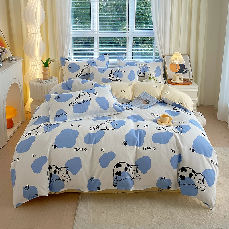

Kawaii Cat Duvet Cover Set Lovely Kitten Printed Bedding Set with 2 Pillowcases for Boys Girls Teens Children Bedroom All Season