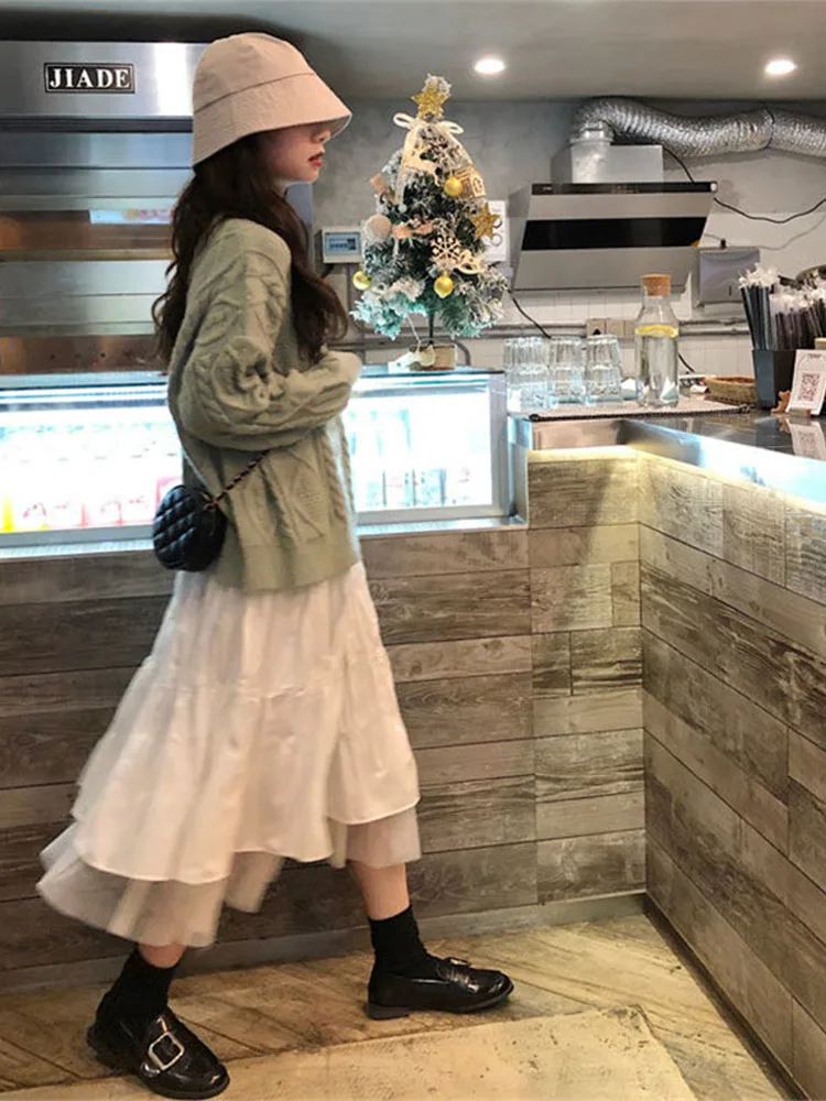 Long Tulle Midi Skirts Womens  Autumn Elastic High Waist Mesh Tutu Pleated Skirts Female Black White Long Skirt Streetwear 6
