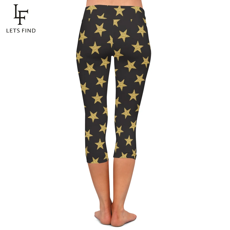 Fashion Pentagram Print Women Black Capri Leggings High Waist Milk Silk Mid-Calf 3/4 Stretch Casual Leggings