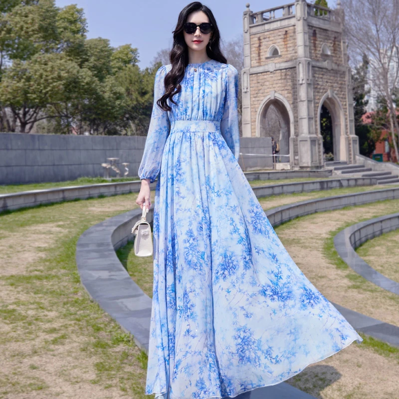 

New Women Summer Light Blue Chiffon Dress Fashion O-Neck Long Sleeve Slim Ankle-Length Dress Elegant Flowing Beach Holiday Dress