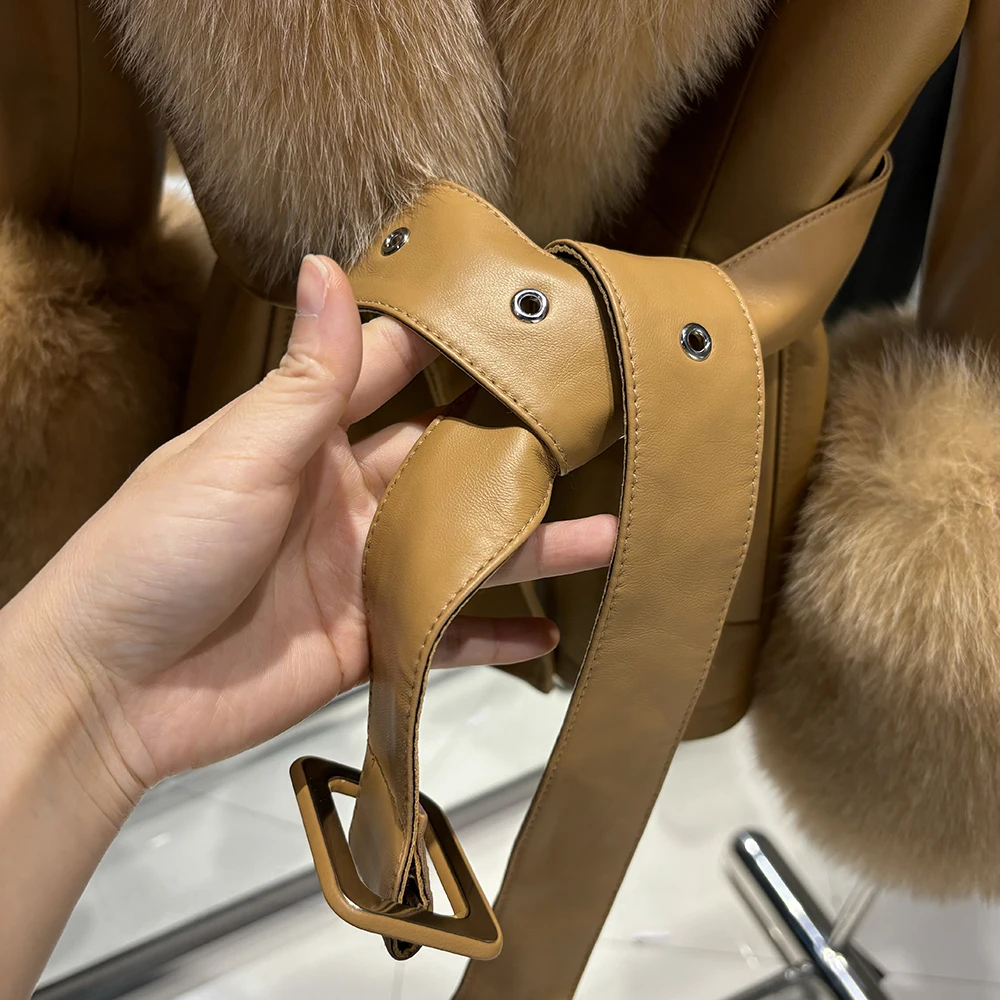 YOLOAgain Real Fox Fur Collar Genuine Leather Jacket Women