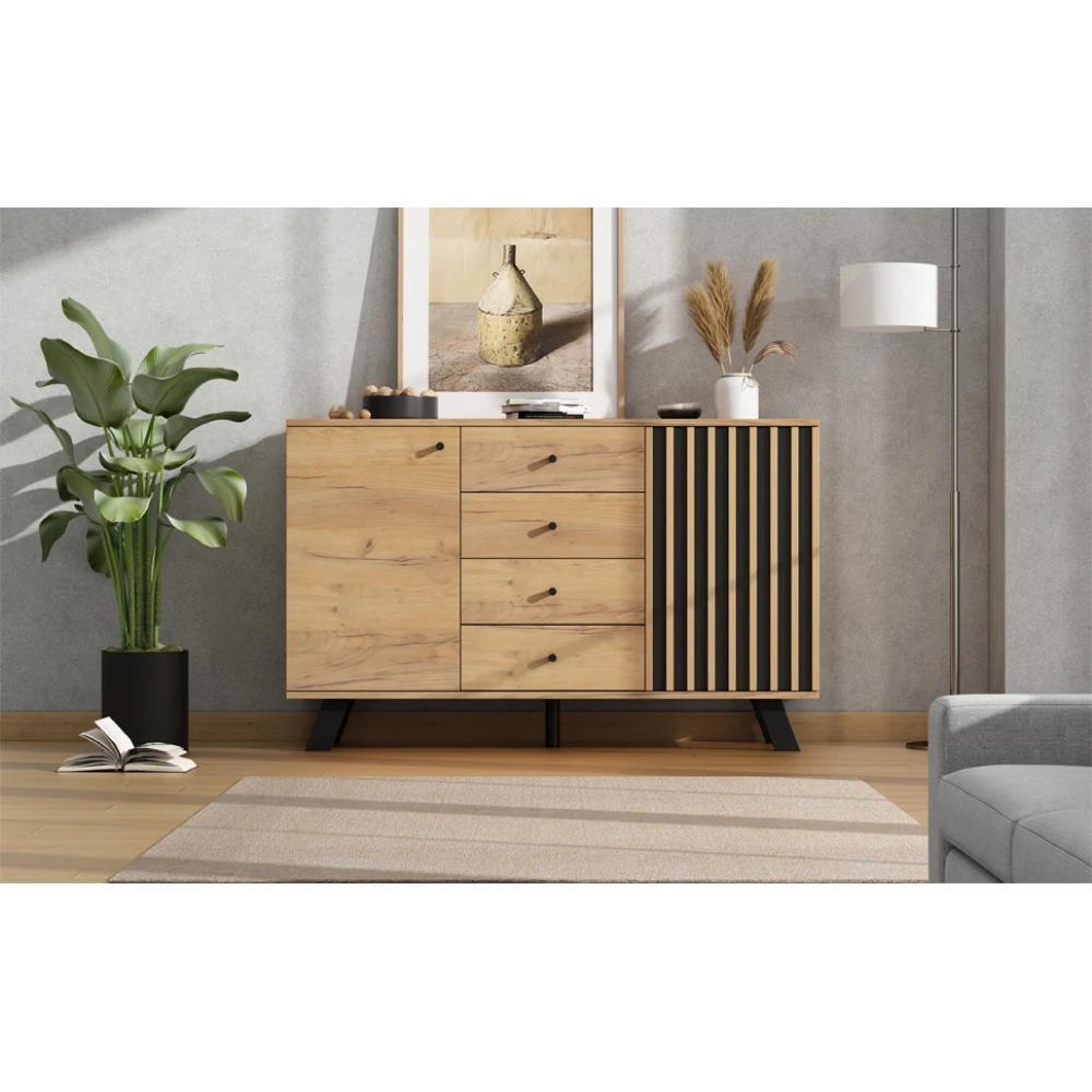 120 x 38 x 75 cm großes Wohnzimmer-Sideboard, hohler Design-Schrank mit 4 Schubladen und 5 Beinen aus Massivholz, Beistelltisch mit 2 Schränken – Detail 23