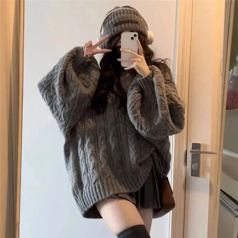 

MEXZT Oversized Sweater Women Streetwear V Neck Knitted Pullovers Winter Harajuku Korean Loose Knitwear Preppy Casual Jumpers