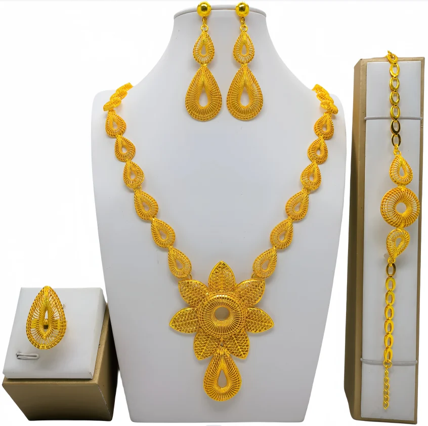 Fashion Gold Color Drop Earrings Necklace Set for Women Dubai African Luxury Bead Hollow Design Bracelet Wedding Party Jewelry