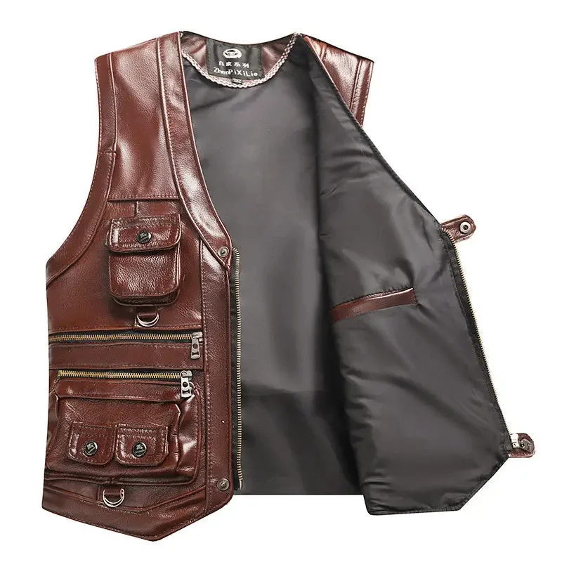 

Men's Genuine Leather Vest Keep Warm In Autumn and Winter Top Layer Cowhide Spring Multiple Pockets Photography