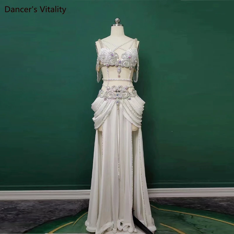 

Женский профессиональный костюм для танца живота Seniore AB, бюстгальтер с камнями + длинная юбка, 2 предмета, индивидуальный дизайн, для взрослых, детей, для танца живота