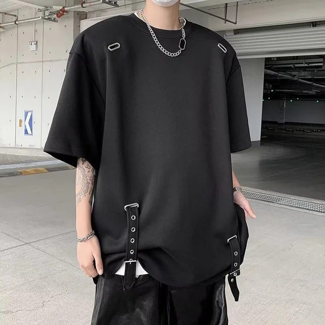Summer Solid Color Strap Design T-shirts For Men Hip Hop Streetwear Short Sleeve Tee Shirt 2025 New Casual Oversized Cargo Tops 1
