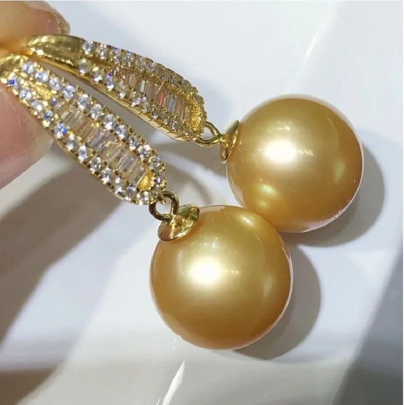 

AAAA 11-10mm Natural South China Sea Round Gold Pearl Earrings 925s