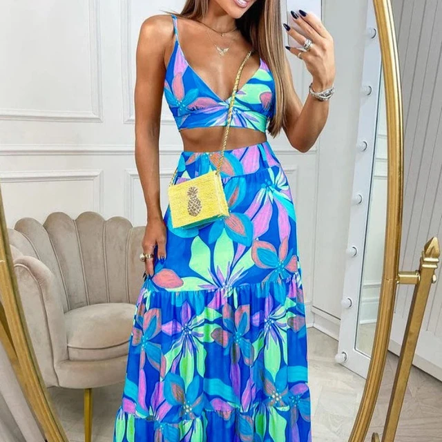 Large Size Summer 2 Piece Set Women Crop Top + High Waist Long Skirt Set  Maxi Matching Sets Printed Boho Sexy Beach Dresses Set - Dress Sets -  AliExpress