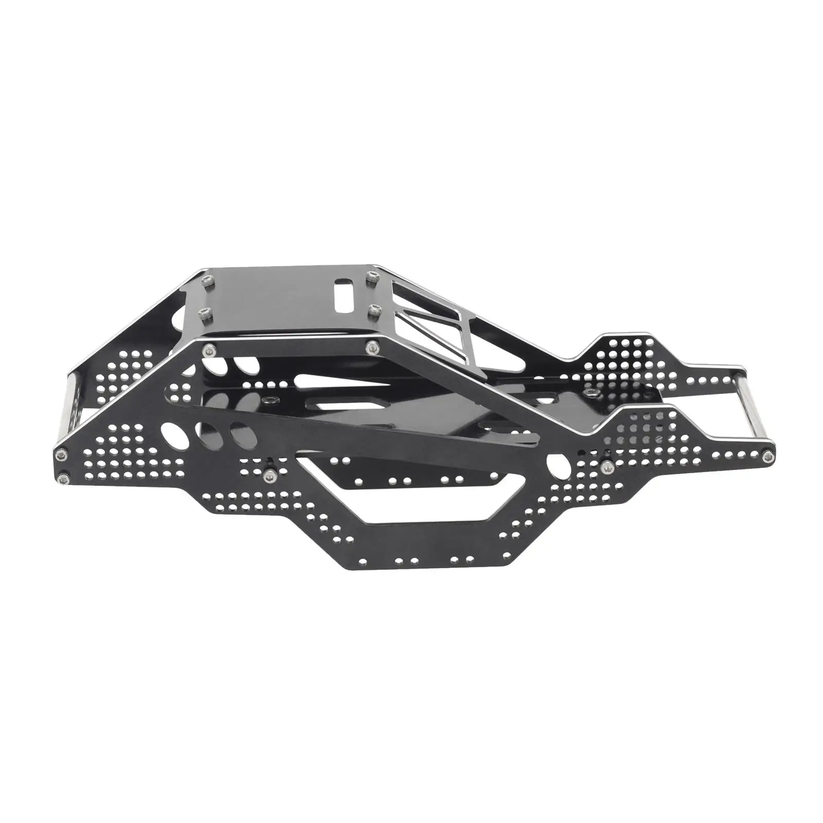 Détail du kit châssis CNC pour SCX24, avec plaque centrale et supports de batterie en aluminium.