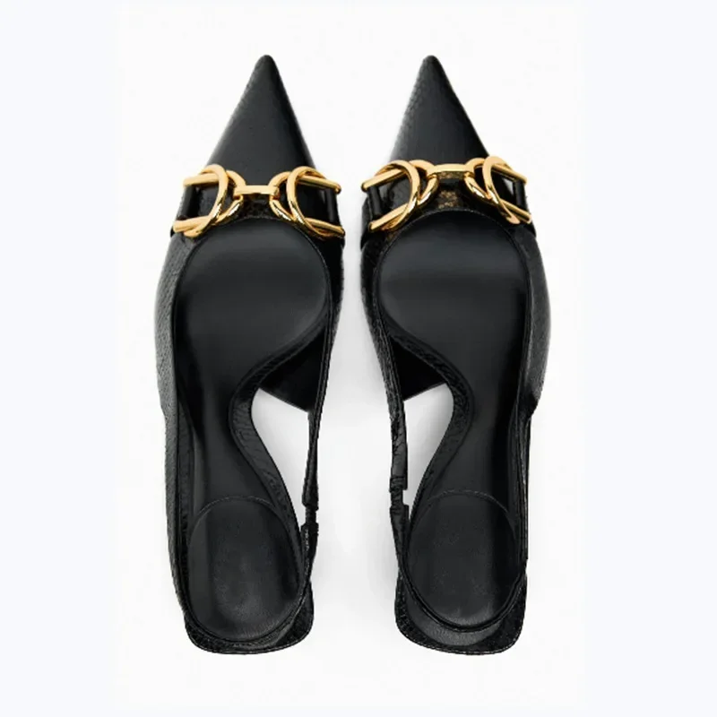 Summer Golden Decorative Women Shoes Woman Black Pointed High Heels Shallow Thin Heel Woman Pumps Slingback Sandals