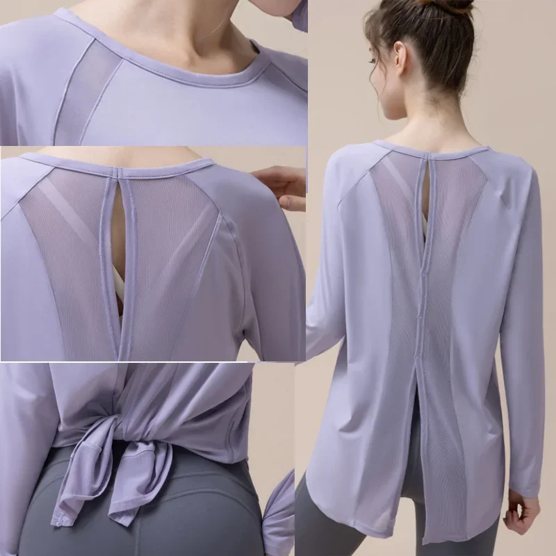 Aiithuug Loose Fit Casual Shirts Soft Mesh Split Back Yoga Long Sleeve Casual Tops Relaxed Shirts Workout UV Quick Dry