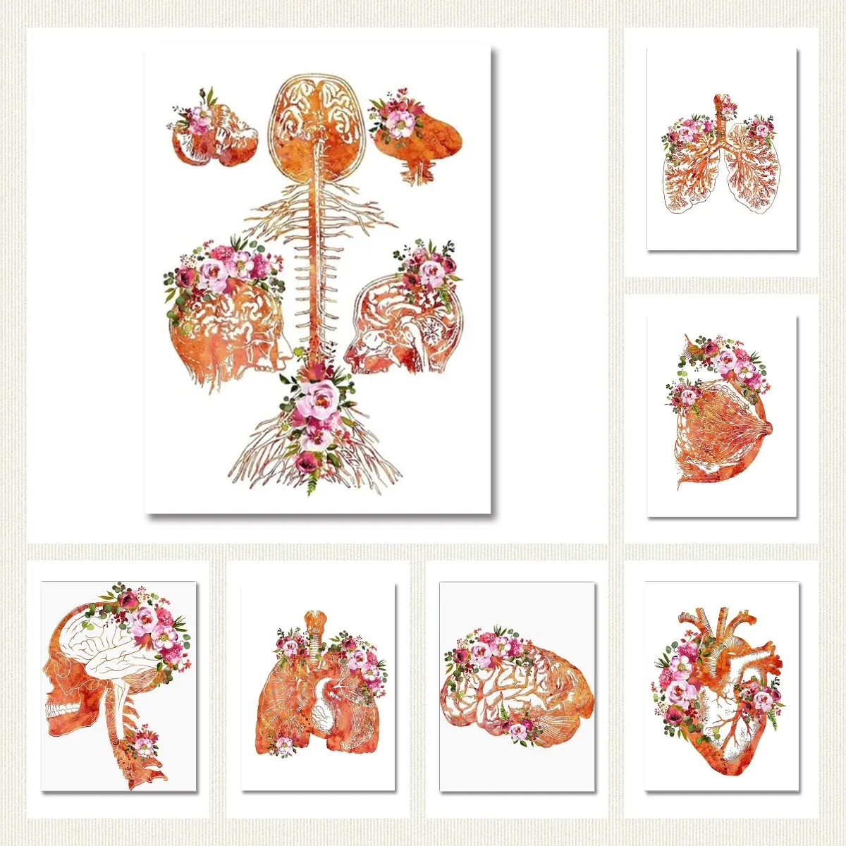 

Human Organs Canvas Picture Waterproof Poster Flowers Heart Lung Brain Breast Room Wall Art Decor Accessories