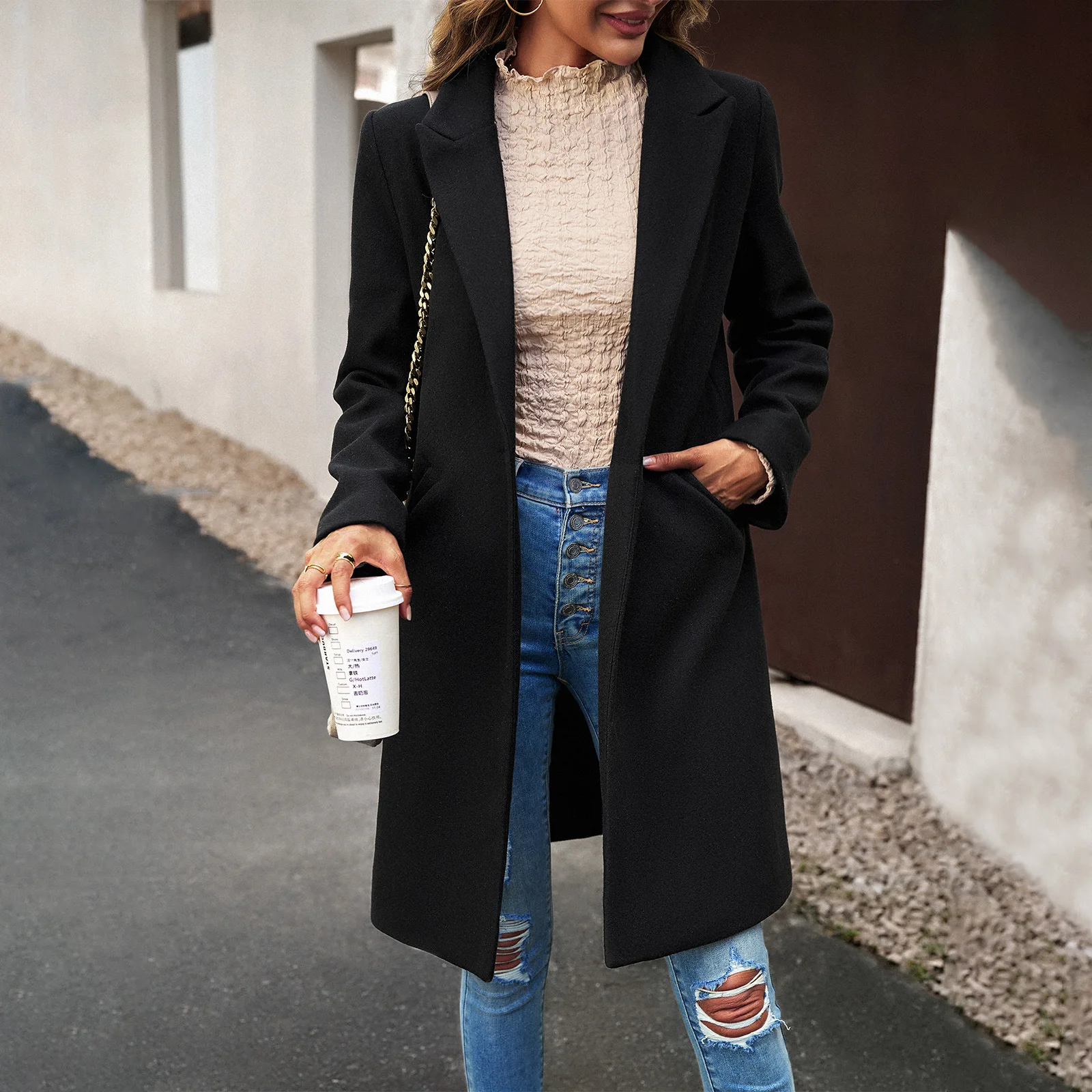 Tesco Autumn Winter Women Elegant Long Sleeve Coat With Pockets Solid Color Lapel Warm Long Windbreaker Overcoat blazer mujer