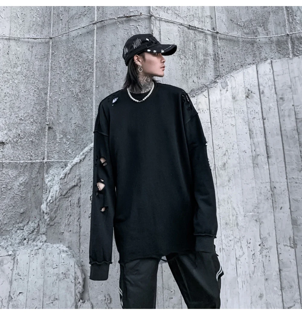 Camisolas rasgadas de manga comprida para homens e mulheres, pulôveres de ombro, streetwear com buracos rasgados, roupas grunge, sloth tops, primavera