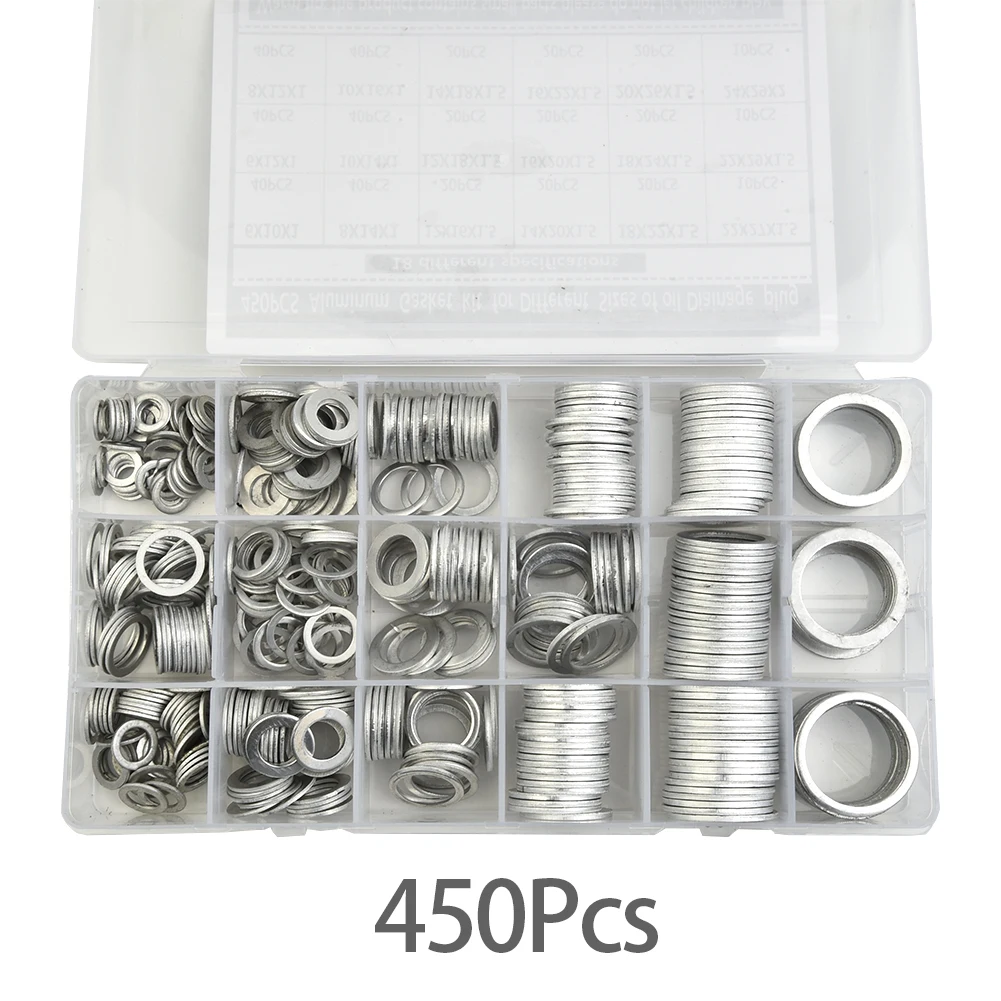 

450pc Oil Drain Plug Aluminum Washer Gasket Wear Resistant Assortment W/ Box Kit