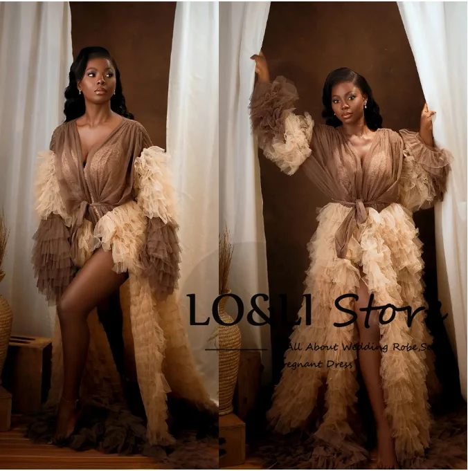 

LO&LI 2023 New In Tull Bridal Robe For Women Luxury Brown Patchwork Photo Shoot Outfit Woman Birthday Party Dress Puffy Gown
