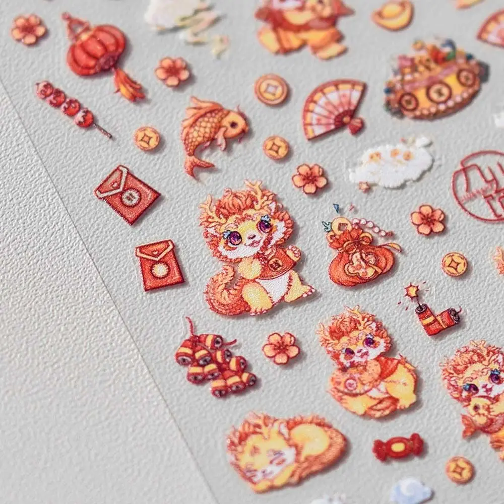 

Red Cartoon Dragon Chinese New Year Lion Dance Lantern Self Adhesive Nail Art Stickers Cute 3D Manicure Decals