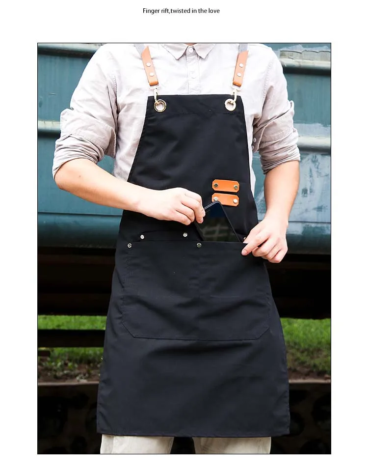 Wasserdichte individuelle Logo Frauen Männer Kellner Cafés Nagel Schönheit Friseursalon Uniform Grill Arbeit Küche Baumwolle Leinwand Schürze mit Tasche – Detail 6