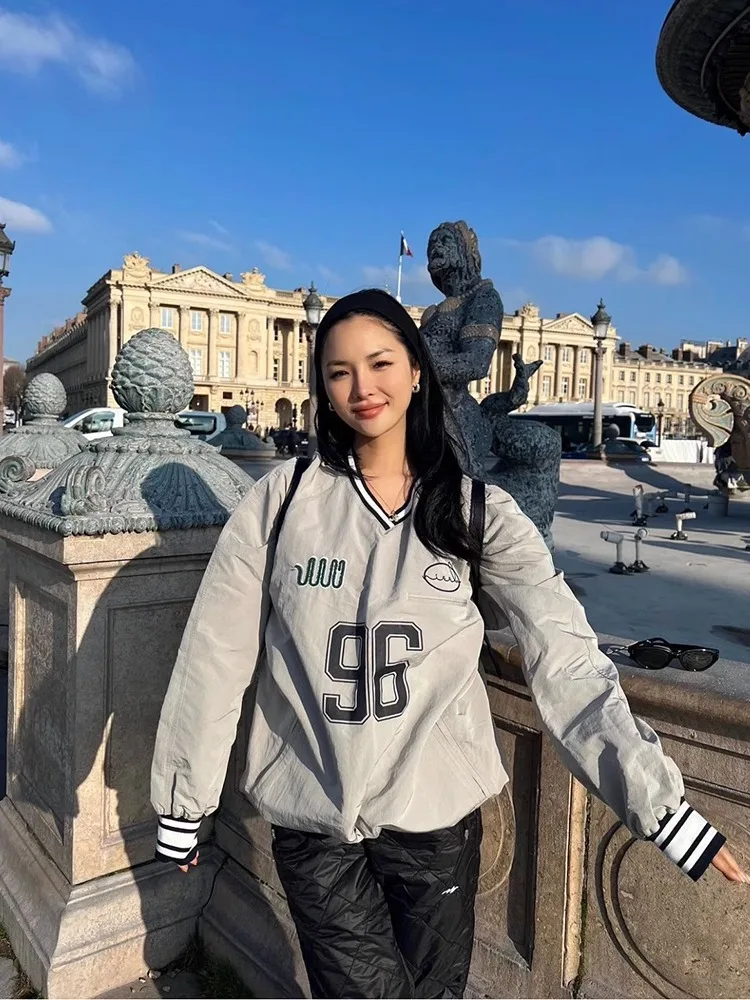 Jennie Kim V-Ne Baseball Sweatirt Loose Fit Embroidered Cotton Long Sve Autumn Faion Casual Streetwear