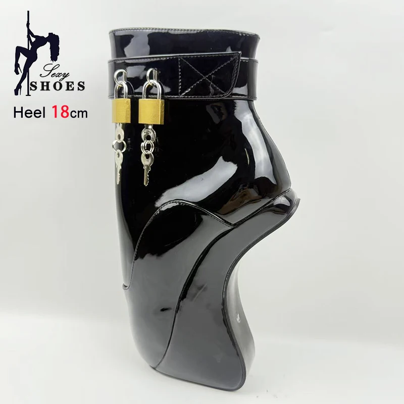 Strange style Hoof Heel Ballet Ankle Boots Women 18CM Super High Heel Lockable Wrap Strap Sexy Heelless Style Fetish Black Shoes