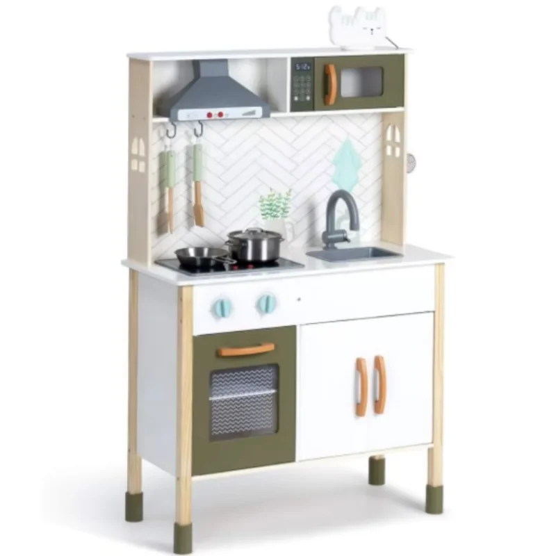 Robotime Robud Kitchen Playset Realistic Pretend Play Kitchen Montessori Wooden Play Toy Set for Kids Girls Boys