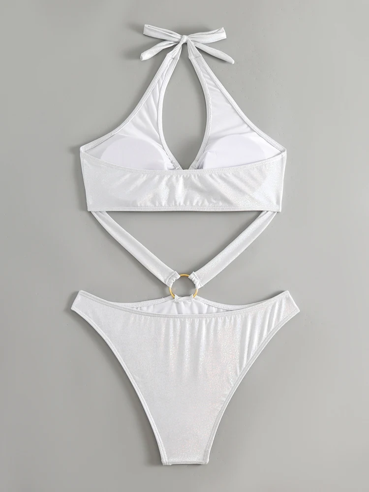 VigoCasey White Tied Halter Swimwear Women Sexy Hollow One Piece Swimsuit Ring Push UP Monokini Summer Beach Bathing Suit