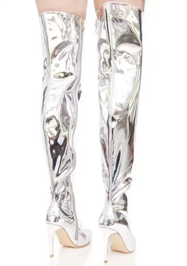 Women Boots Mirror Platform Pointy Toe Punk High Thin Heels Over The Knee Long Boots Autumn Winter Zip Silver Casual Party Shoes women high heel boots