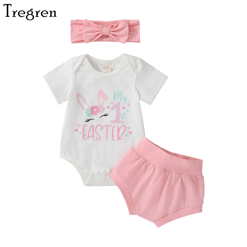 

Tregren My 1st Easter Baby Girls Shorts Set Summer Short Sleeve Letters Bunny Print Romper Elastic Waist Shorts with Hairband