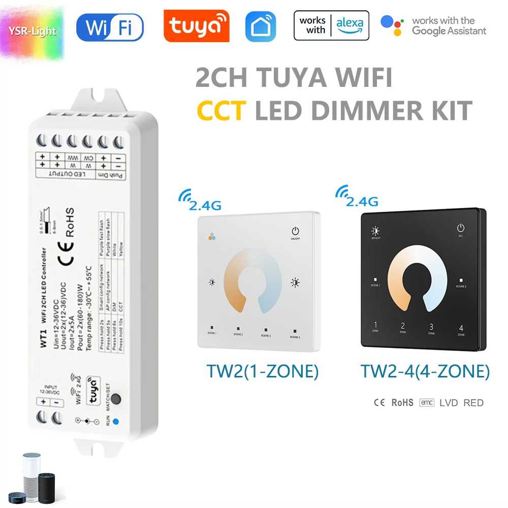 2CH TUYA WIFI สมาร์ท LED Dimmer WT1 RF 2.4G Touch Remote Dimming DC12V-36V 5050 COB WW/CW/CCT LED Strip Light สําหรับ Alexa Google 1