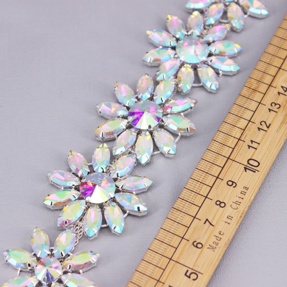 Crystal AB Rhinestone Patch Wedding Dress Decoration Flower Shape Sew On Epaulette Shoulder Tassel Pad Applique