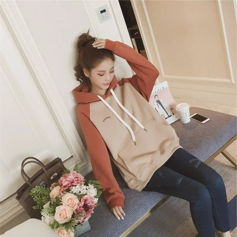 

2023 Fashion Women Winter Stitching Contrast Color Sweater New Large Size Loose Hooded Simple Fresh Long-Sleeved Top Coat