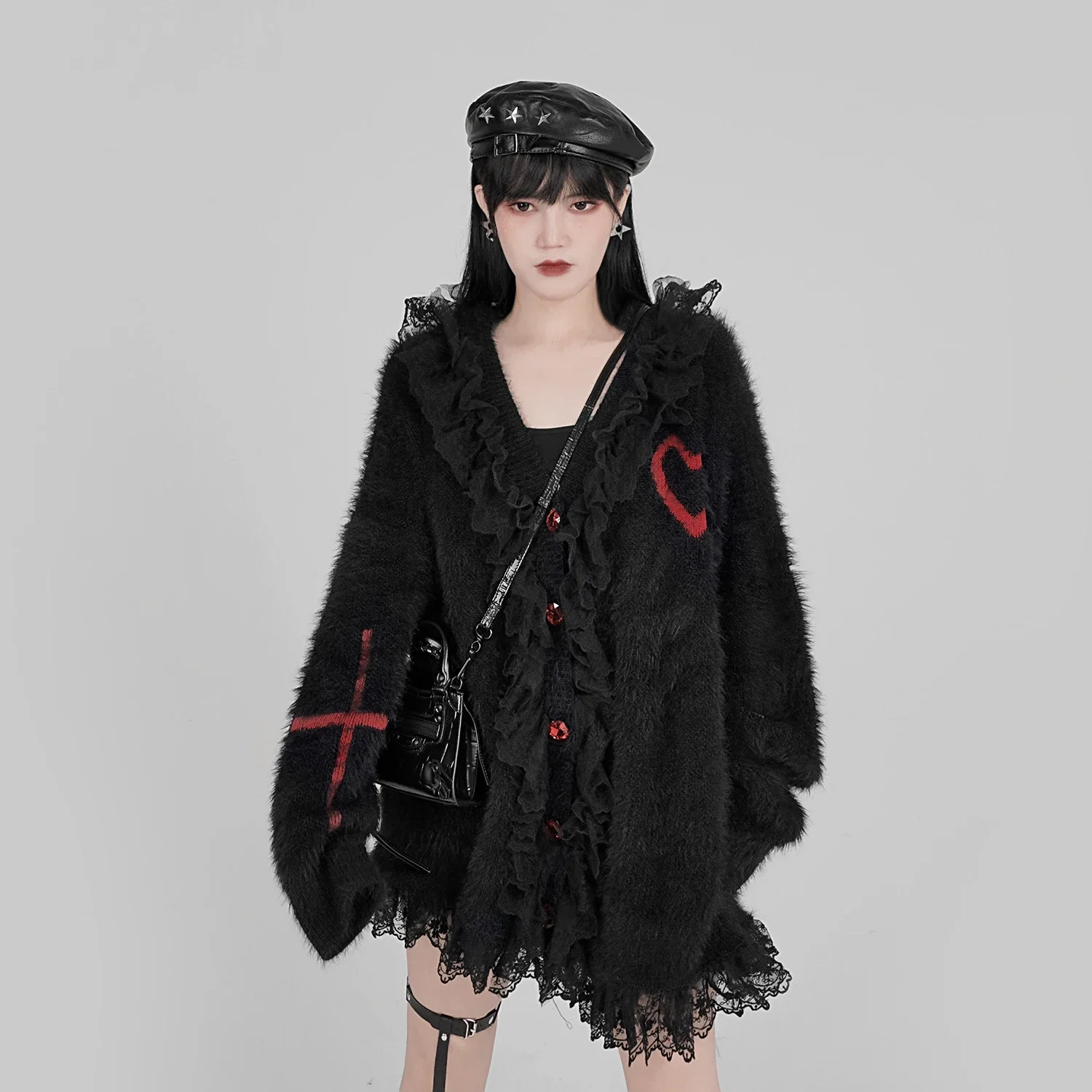 New Autumn Winter Harajuku Cross Love Lace V-neck Black Kawaii Hot Girl Loose Long Sleeve Thick Fashion Sweet Knitting Coat