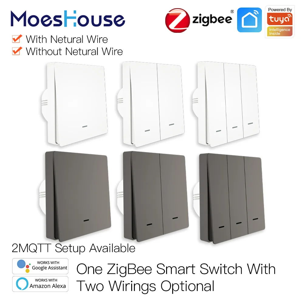MoesHouse 투야 지그비 스마트 라이트 스위치, 중성선 없음, 캐패시터 필요 없음, 스마트 라이프 2/3 방식, 알렉사 구..