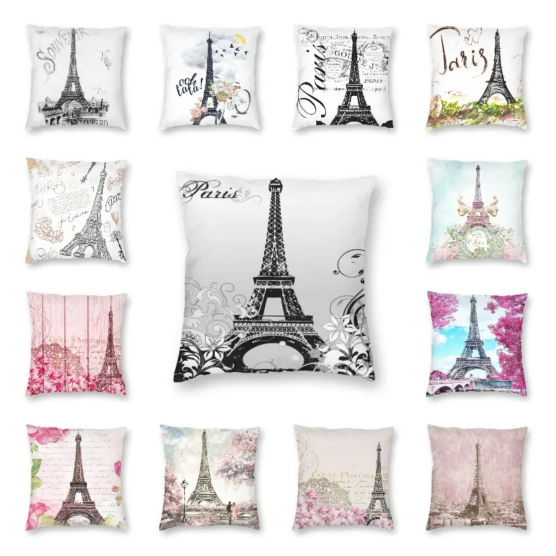 

France Eiffel Tower Cushion Cover 40x40 Home Decor 3D Print Romantic Paris Vintage Style Throw Pillow Case for Sofa Double Side