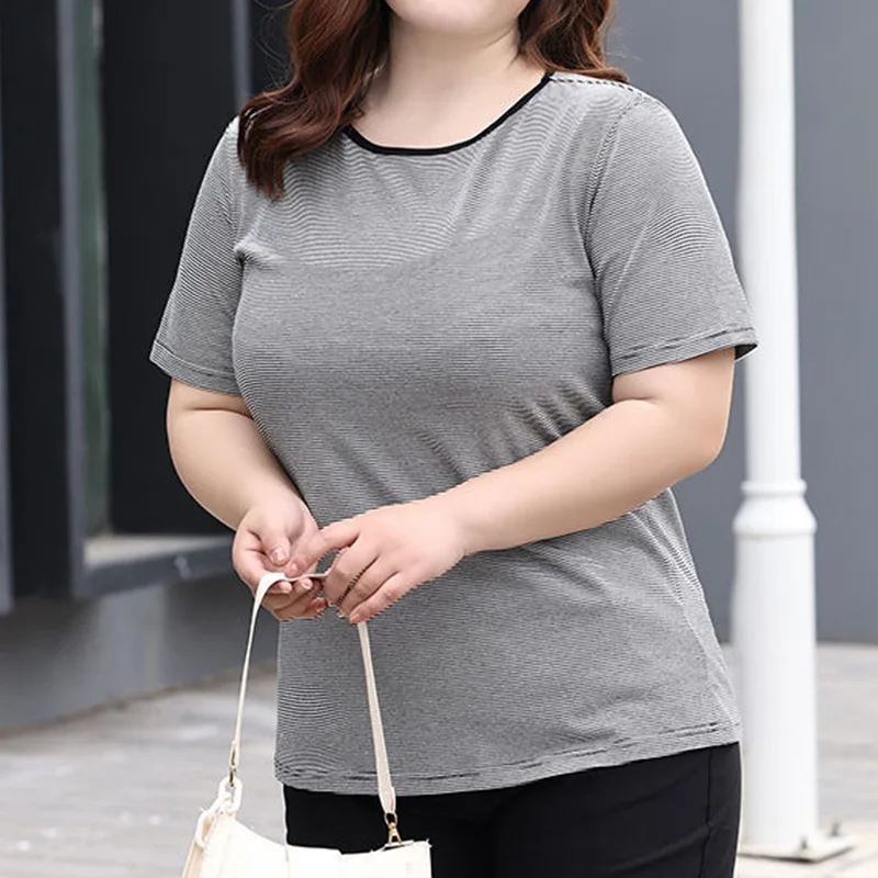 Korean Crew Neck Pullover Short Sleeve Loose T-Shirt Summer Clothes for Women Simplicity Fashion Striped Printing Plus Size Tops